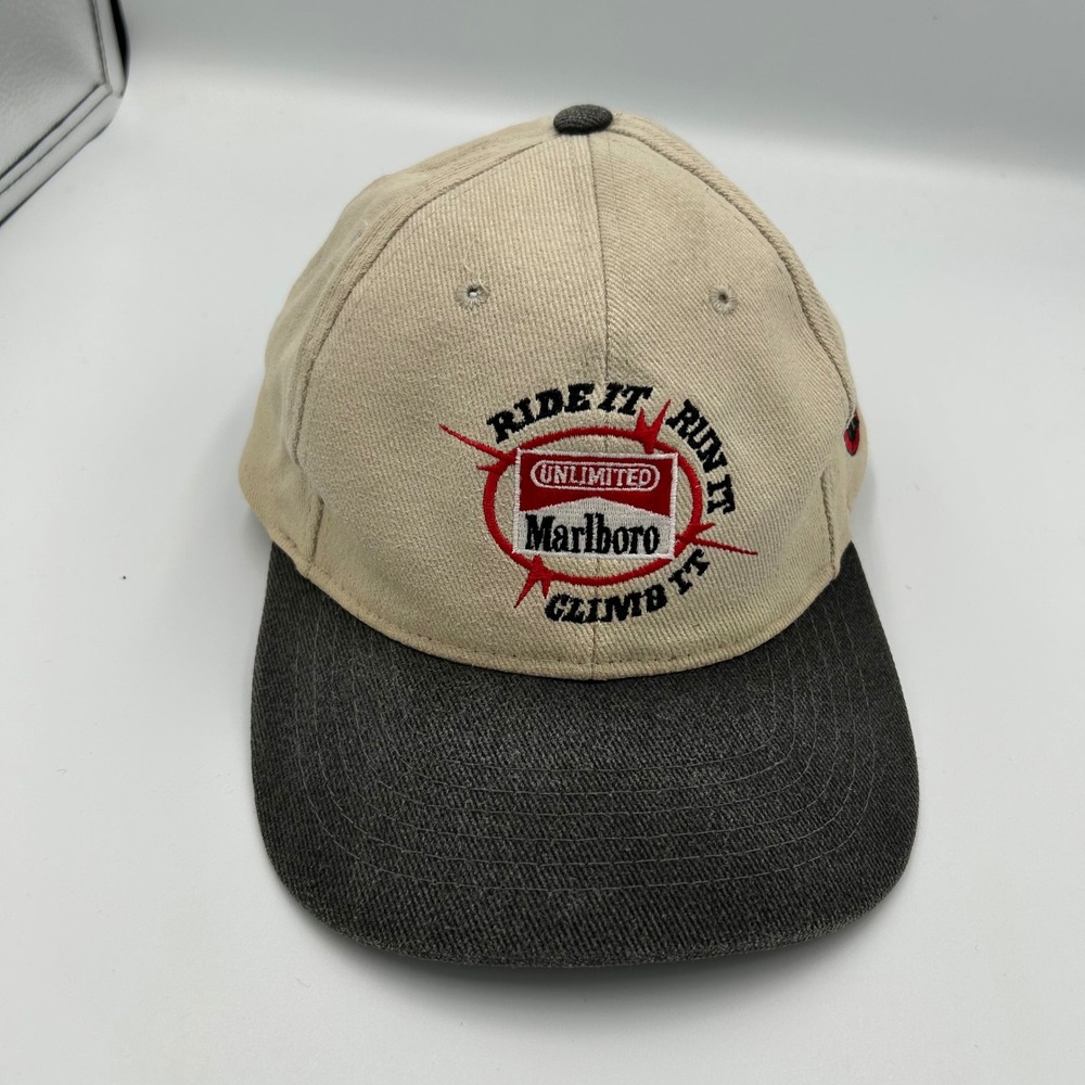 Marlboro Hat Adult OSFA Tan Gray Ride It Run It Climb It Vintage Strapback Cap